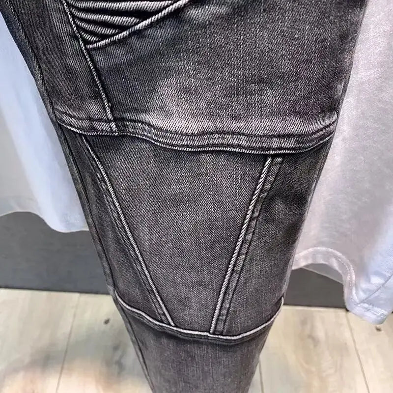 2025 New Autumn Winter Black Grey Men's High-End Motorcycle Long Pants Slim Patchwork Fold Designer Pencil Pants Casual Jeans