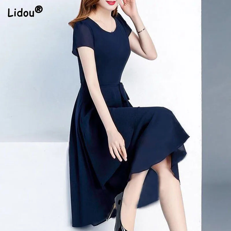 High Street Chiffon Fashion Pullover Dresses O-Neck Empire Solid Women's Clothing 2022 New Popularity Spring Autumn Silky Trend
