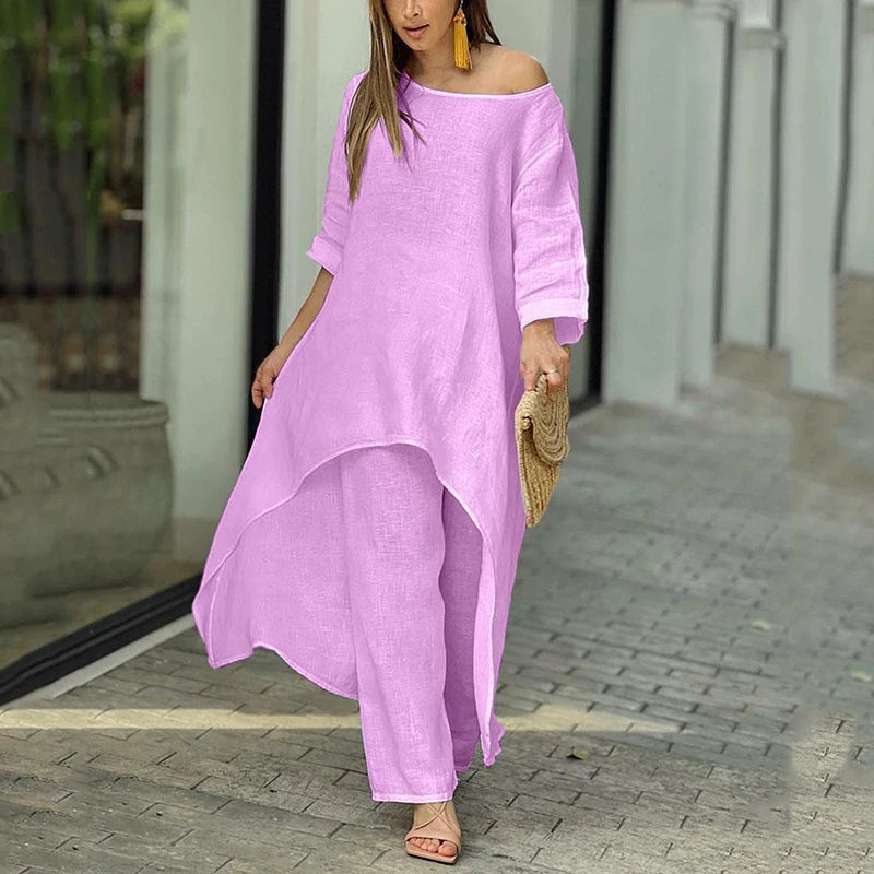 2023 Women Spring Summer O-neck Long Sleeve Irregular Solid Top And Wide Leg Trousers Two Piece Sets Fashion Elegant Female Suit