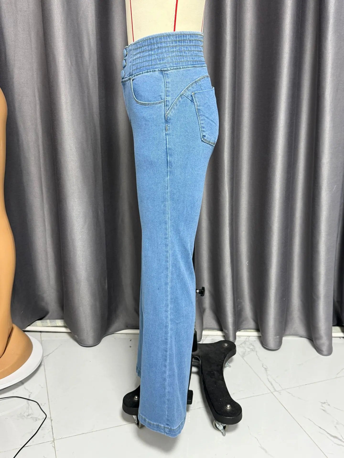 Sister Star Spring Women's New Elastic Waist Head High-waisted Button Stretch Slim Wide-legged Tencel Breathable Long Jeans