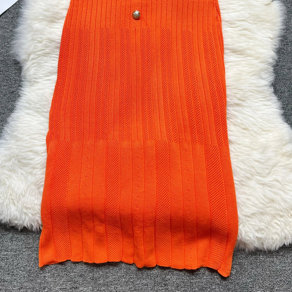 YuooMuoo 2025 Summer Women Knitted Long Dress Brand Fashion O-neck Buttons Bodycon Sweater Dress Elegant Lady Office Vestidos