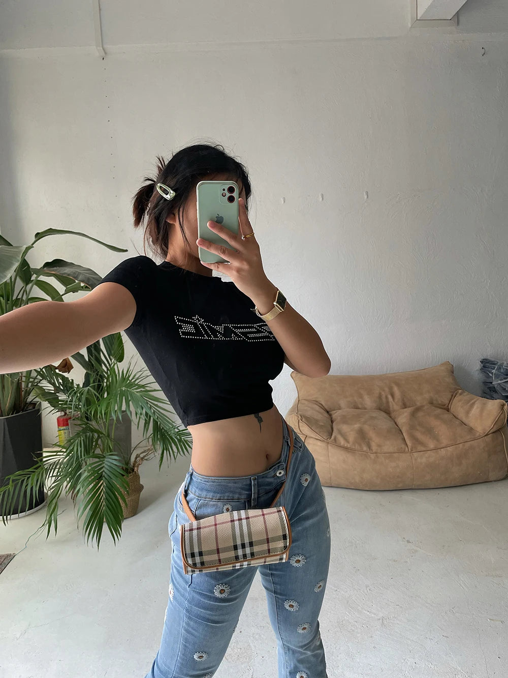 Women's Denim Bell Bottoms High Waist Tight Elastic Long Legs Daisy Embroidered Printed Spicy Girl Slim Straight Jeans UDUE