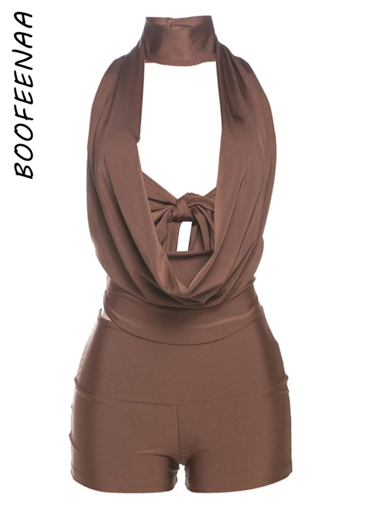 BOOFEENAA Two Piece Set for Woman Cowl Neck Backless Halter Top and Shorts Club Wear Sexy Summer Outfits 2025 C83-DE28