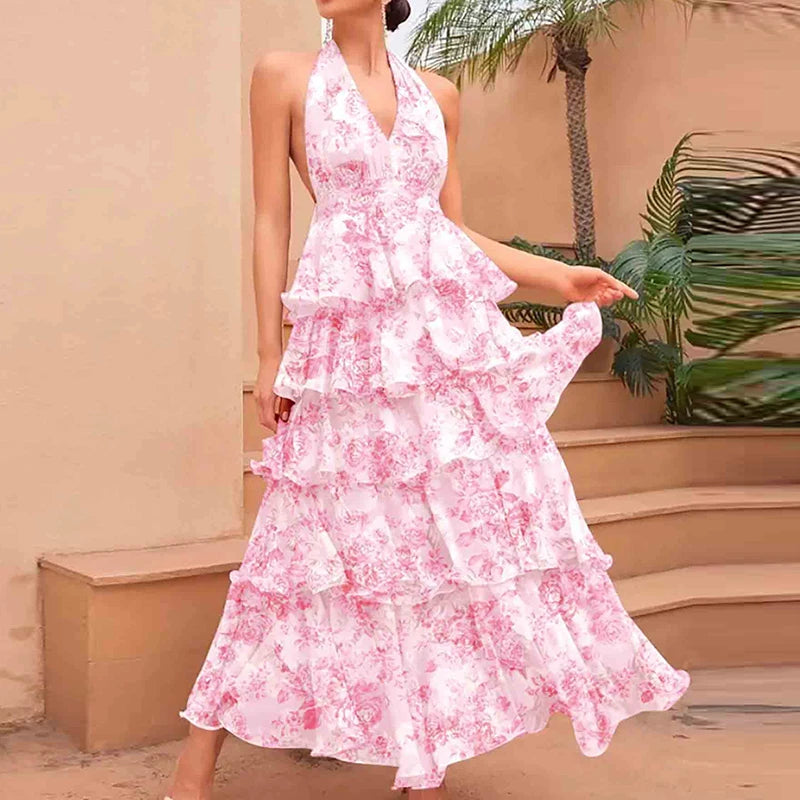Summer New Floral Printed Halter Dress Sexy Deep V Sleeveless Backless Evening Dresses Temperament High Waisted Lace Up Dresses