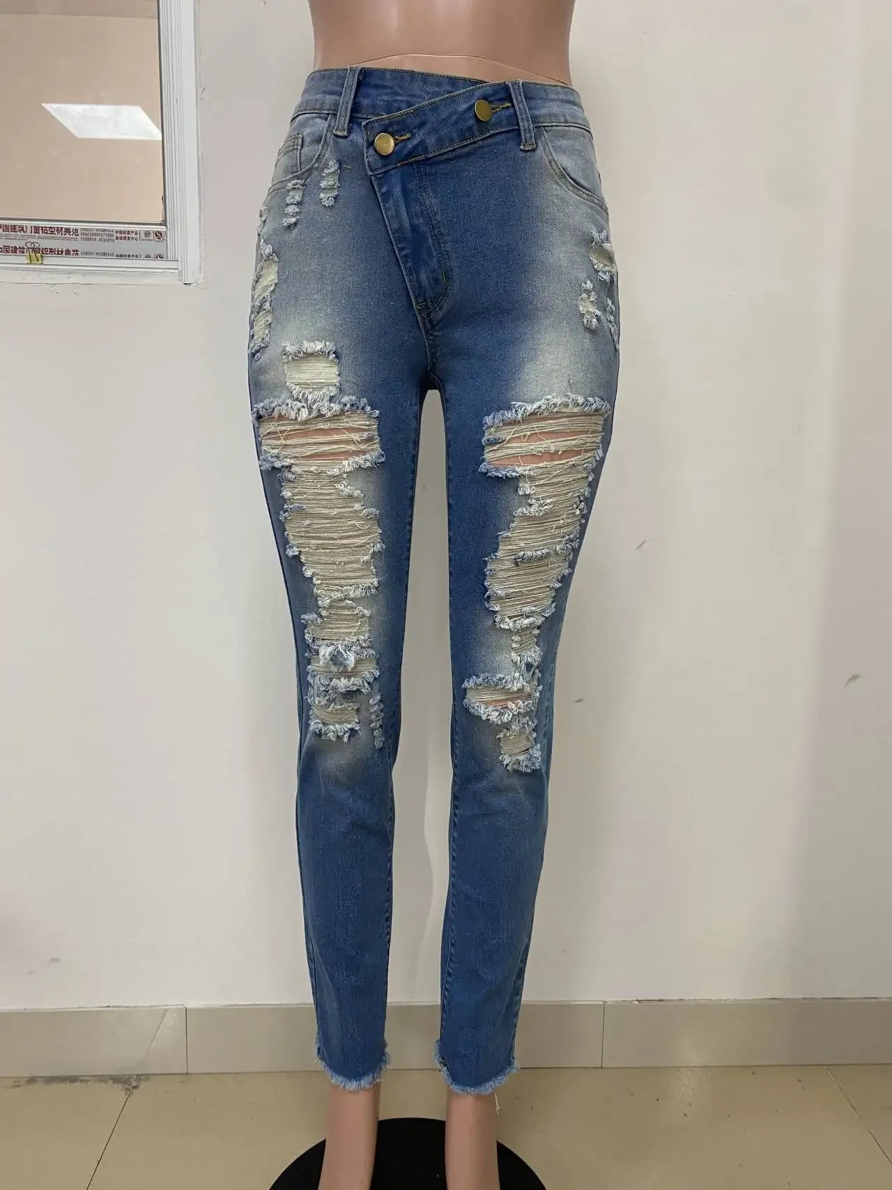 CM.YAYA Denim Pants Women Retro Sexy Hole Hollow Out Jeans Ripped out Pencil Trousers 2024 Street Skinny High Waist Lady Pant