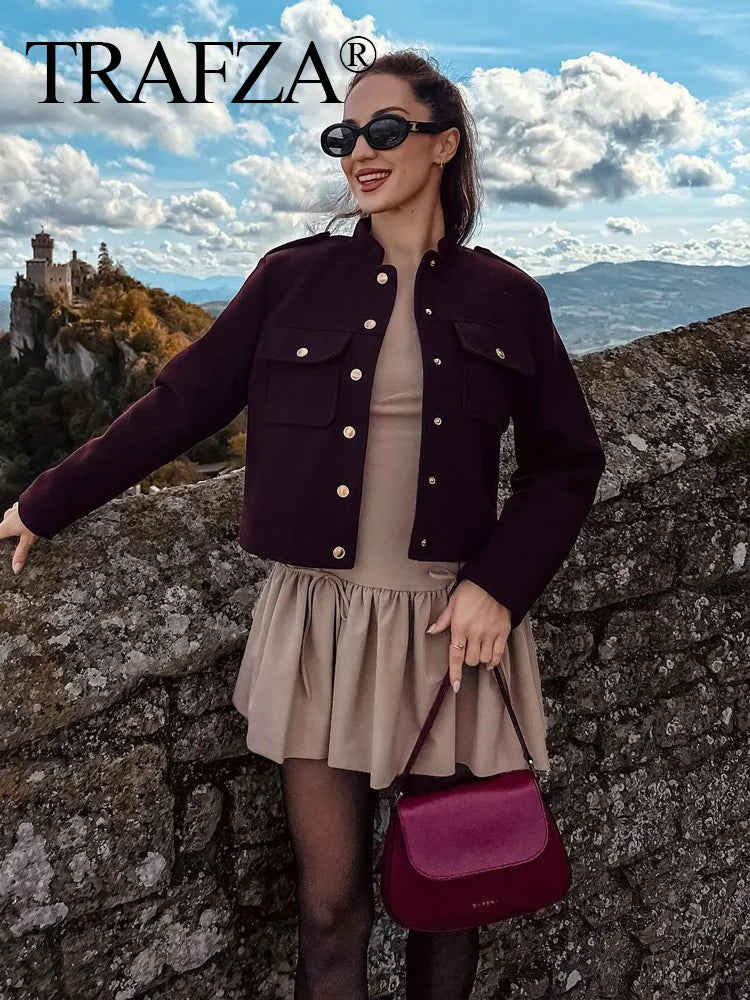 TRAFZA 2024 Fashion Women Soft Tweed Bomber Jacket O-Neck Long Sleeve Pockets Buttons Loose Woolen Coat Female Streetwear
