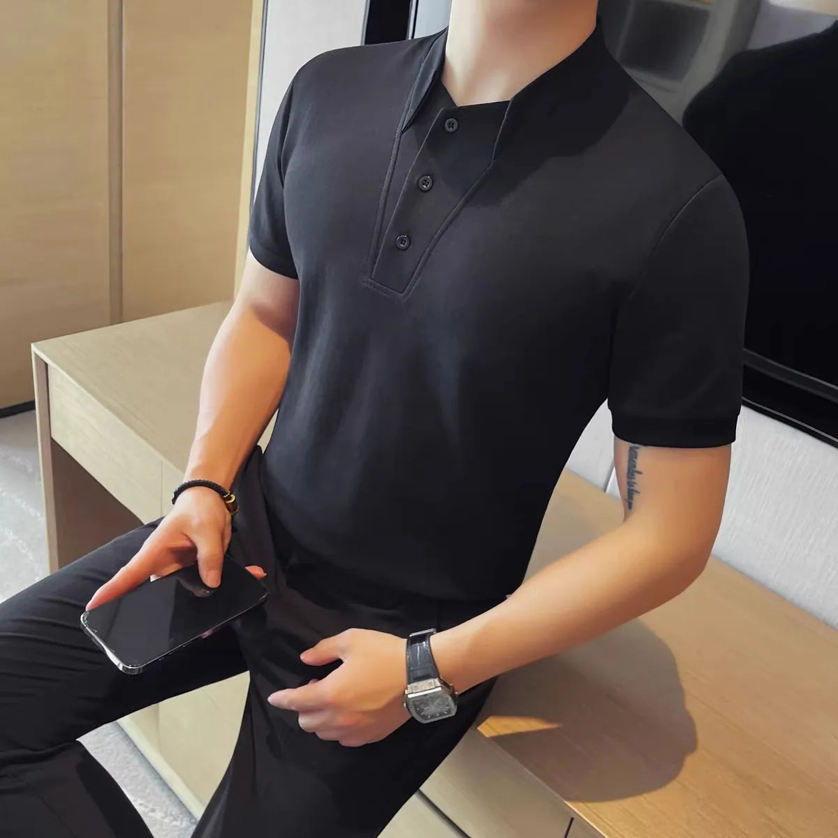 Summer Men's Polo Shirts Korean Style Fashion Turn Down Collar Solid Color Short Sleeve Slim Fit Polos Men Fake Two Pieces Tees