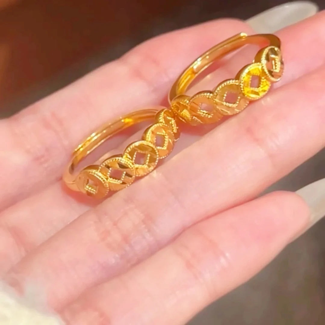 Women's Coin Open Ring, 24K Gold, AU999 | "Stability" engraving with square-hole motifs, subtle professional elegance.