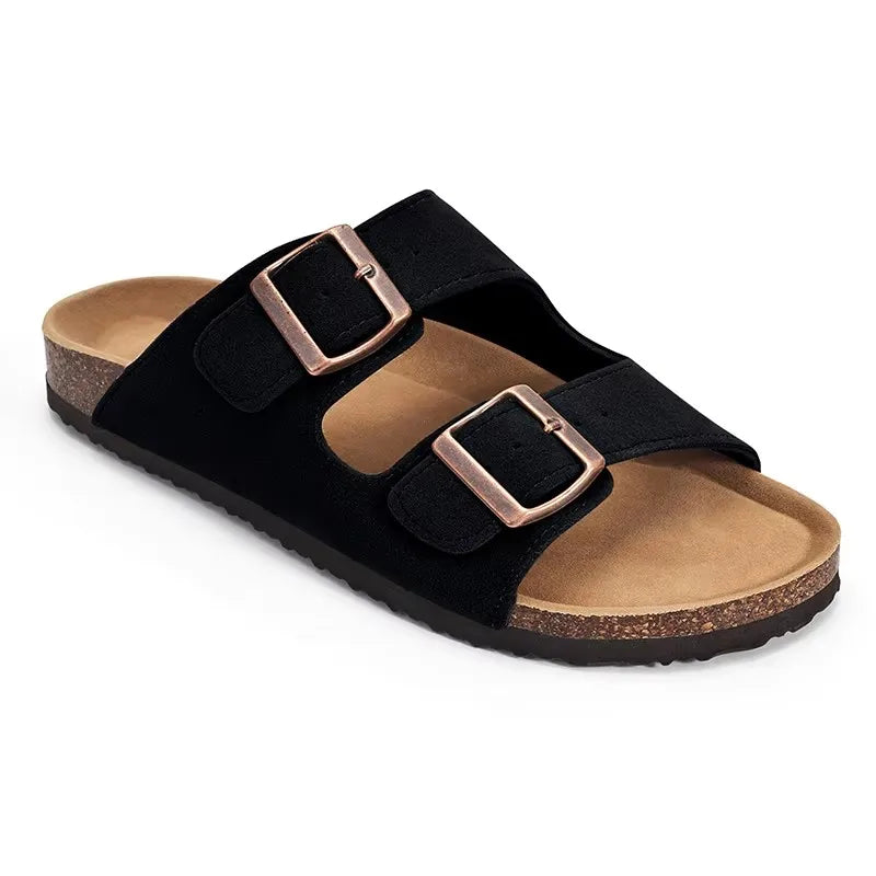 Pallene New Summer Women's Slippers With Arch Support Slip-On Outdoor Slides Cork Footbed Sandals With Adjustable Double Buckle