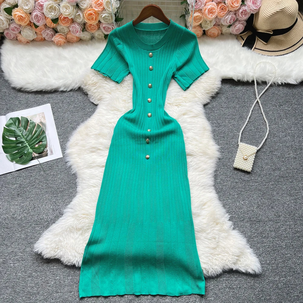 YuooMuoo 2025 Summer Women Knitted Long Dress Brand Fashion O-neck Buttons Bodycon Sweater Dress Elegant Lady Office Vestidos