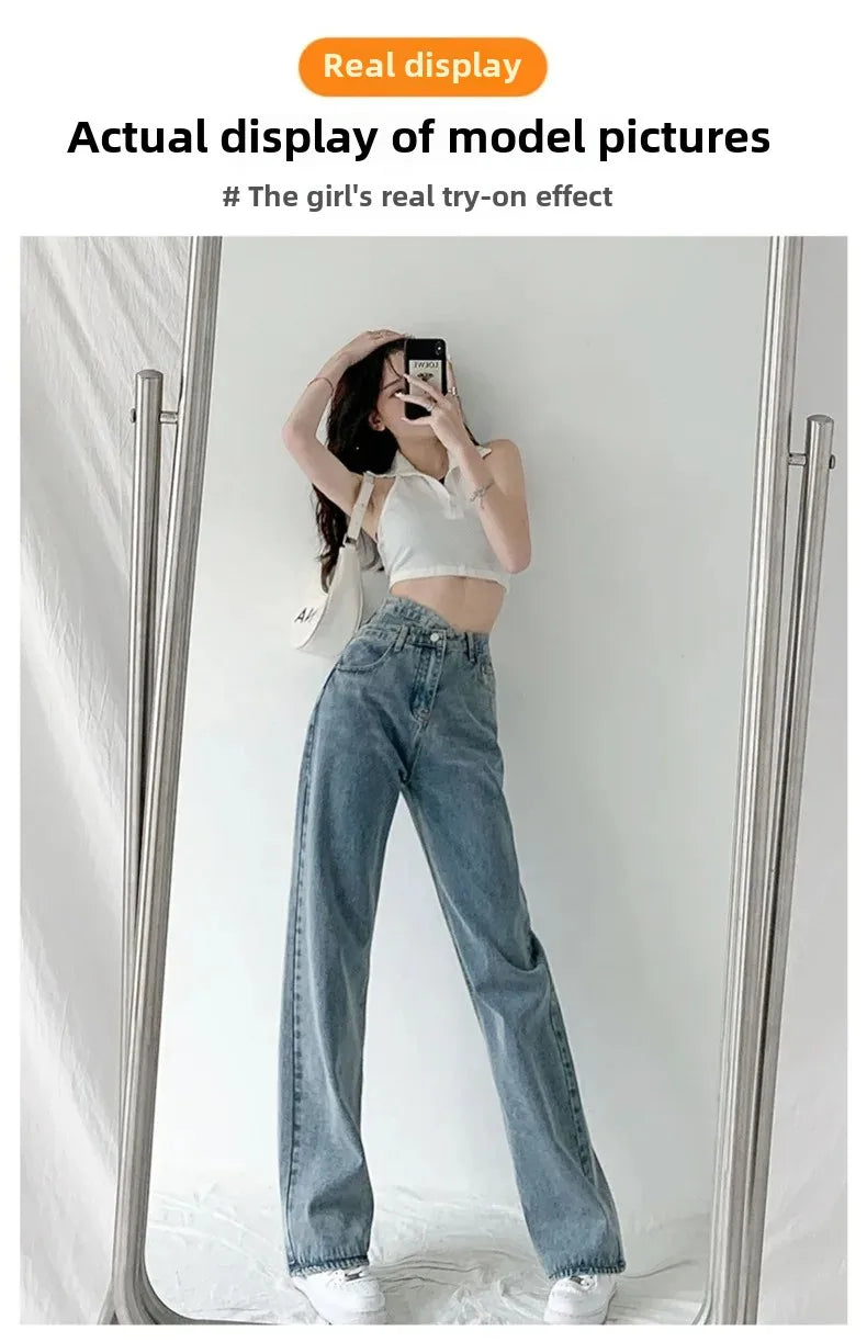 Design Sensibility High-Waisted Slimming Jeans Loose-Fit Straight-Leg Women's Korean Style Tie-Detail Wide-Leg Casual Trousers