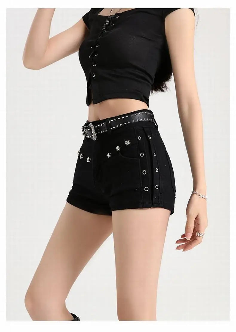 Summer Y2k Sexy Low Waist Mini Denim Shorts Women Vintage Korean Popular Girls Slight Strech Streetwear Gothic Rivet Black Jeans