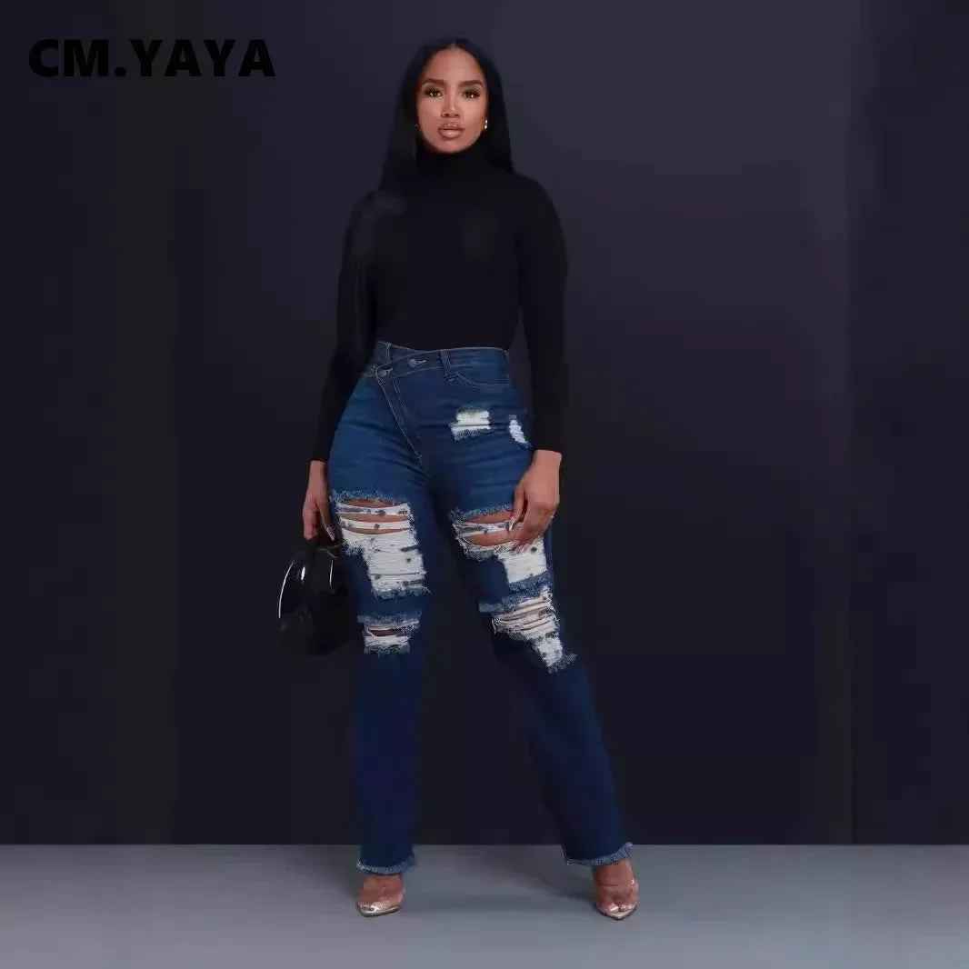 CM.YAYA Denim Pants Women Retro Sexy Hole Hollow Out Jeans Ripped out Pencil Trousers 2024 Street Skinny High Waist Lady Pant