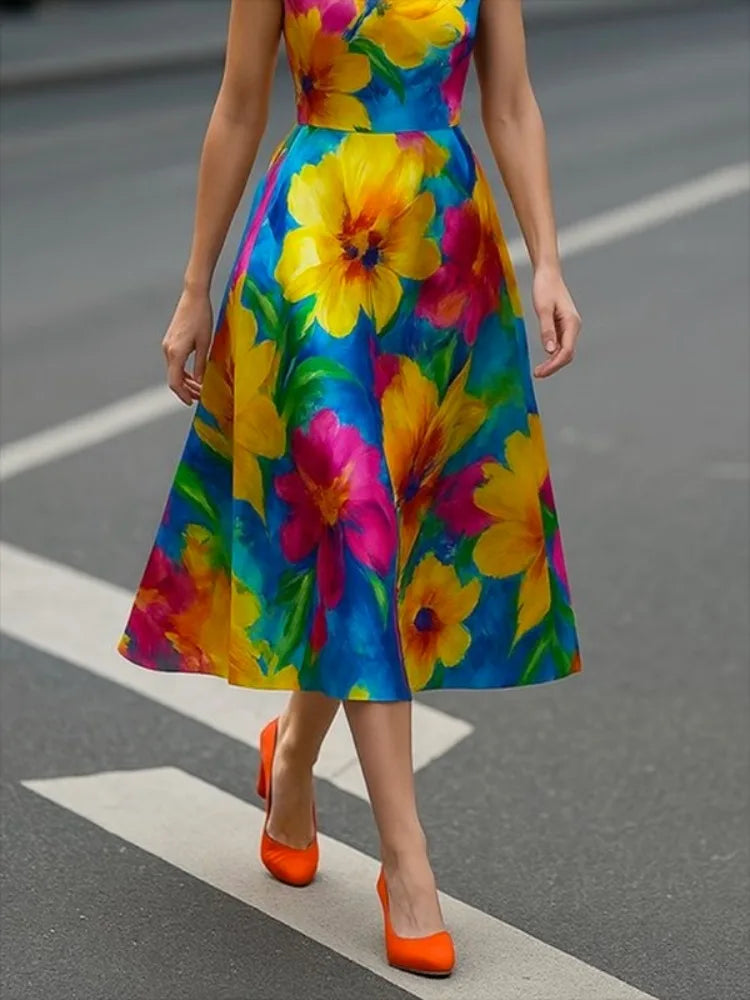 Yeezzi Women British Style Contrast Color Floral Printed Midi Dresses 2025 New Summer Sleeveless Elegant Evening A-line Dress