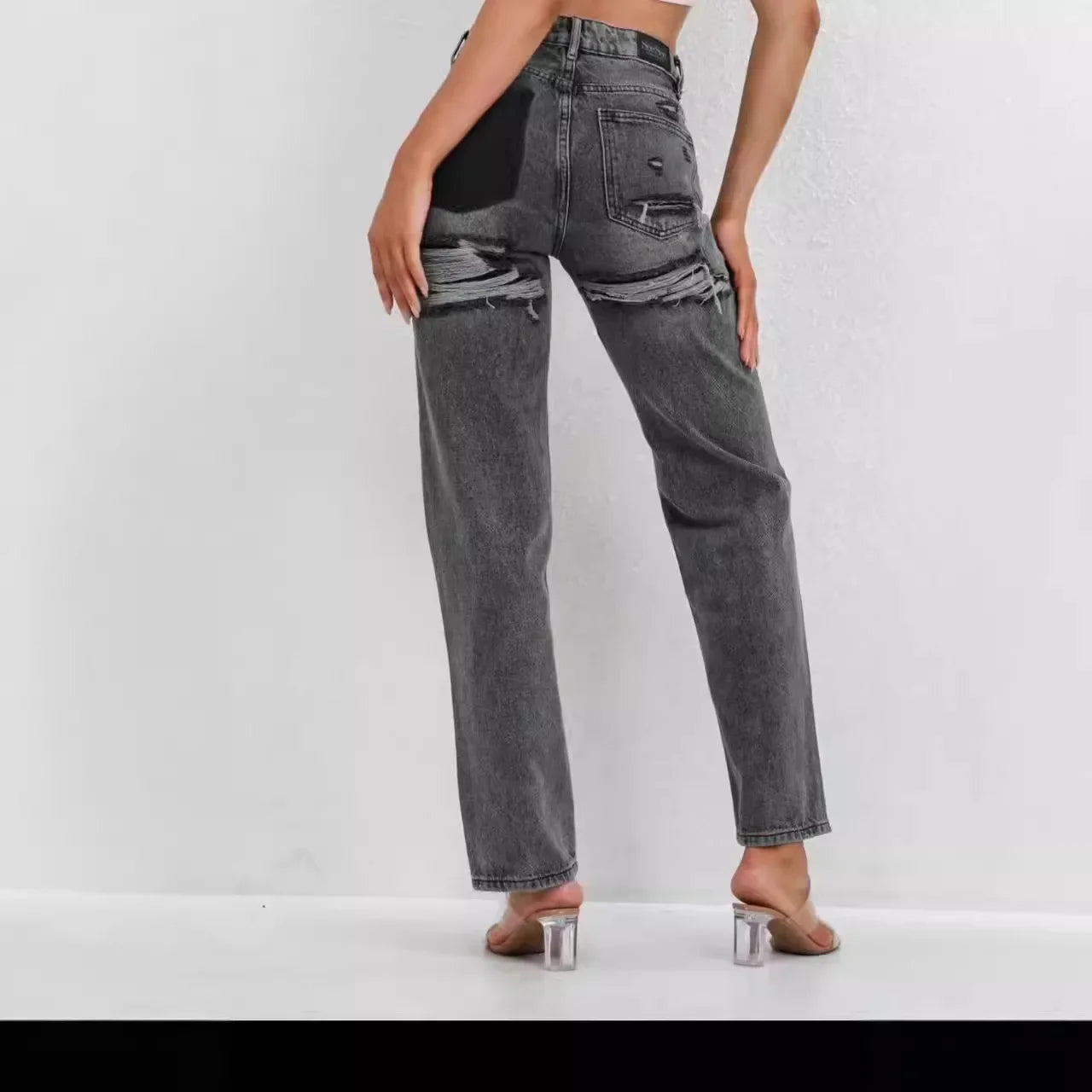 Ripped Jeans for Women Hole Pants Streetwear Low Waist Washed Distressed Pockets Denims 2025 Mom Jeans Vintage Straight Trousers