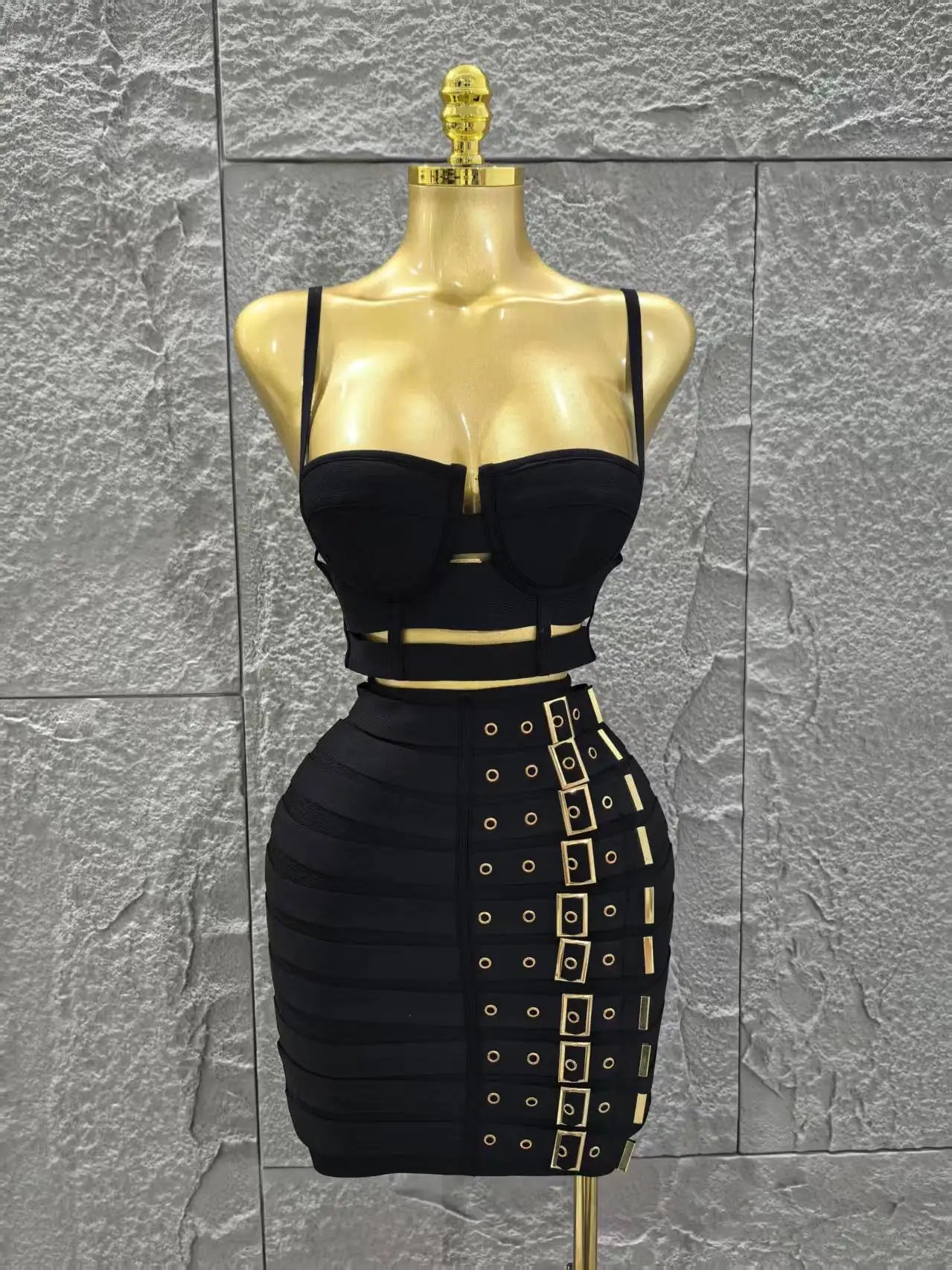 Black Color Women Sleeveless Sexy Strap 2 Pieces Bodycon Mini Bandage Dress Nightclub Party Birthday Fashion Outfit Vestido