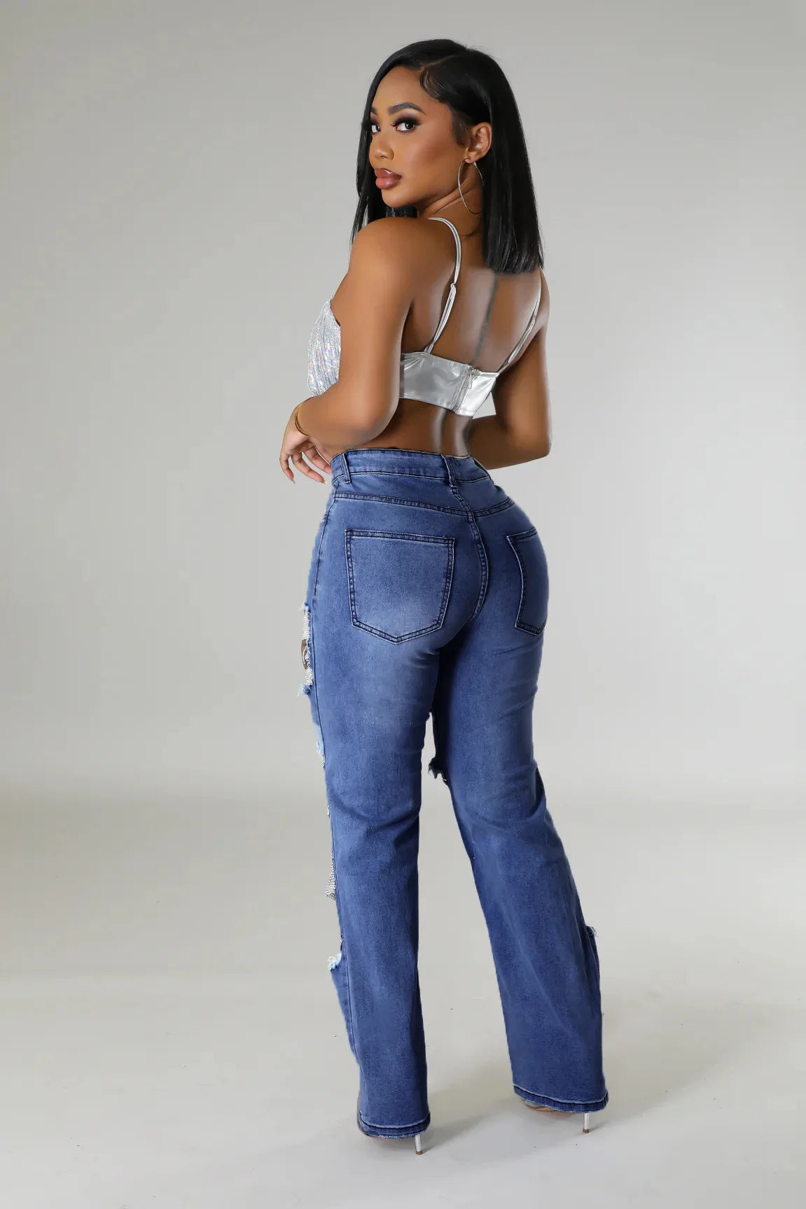 Ripped Jeans for Women Straight Pants Diamonds Chain Stretch Distressed High Waist Floor Length 2025 Streetwear Denim Trousers