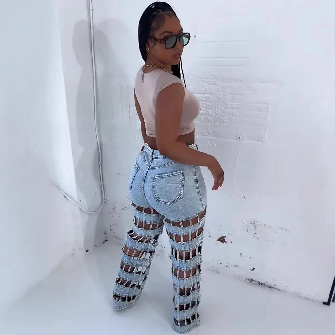 Denim Pant Women Jeans Long Pants Hollow Out High Waist Straight Mom Trousers Y2k Streetwear Elegant Splice Hole Casual Work