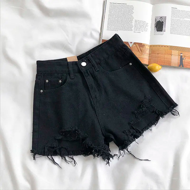 Summer New Style Wide Leg Pants Candy Color Ripped Denim Shorts Female High Waist Green A-line Women Jeans Hot Shorts Pants