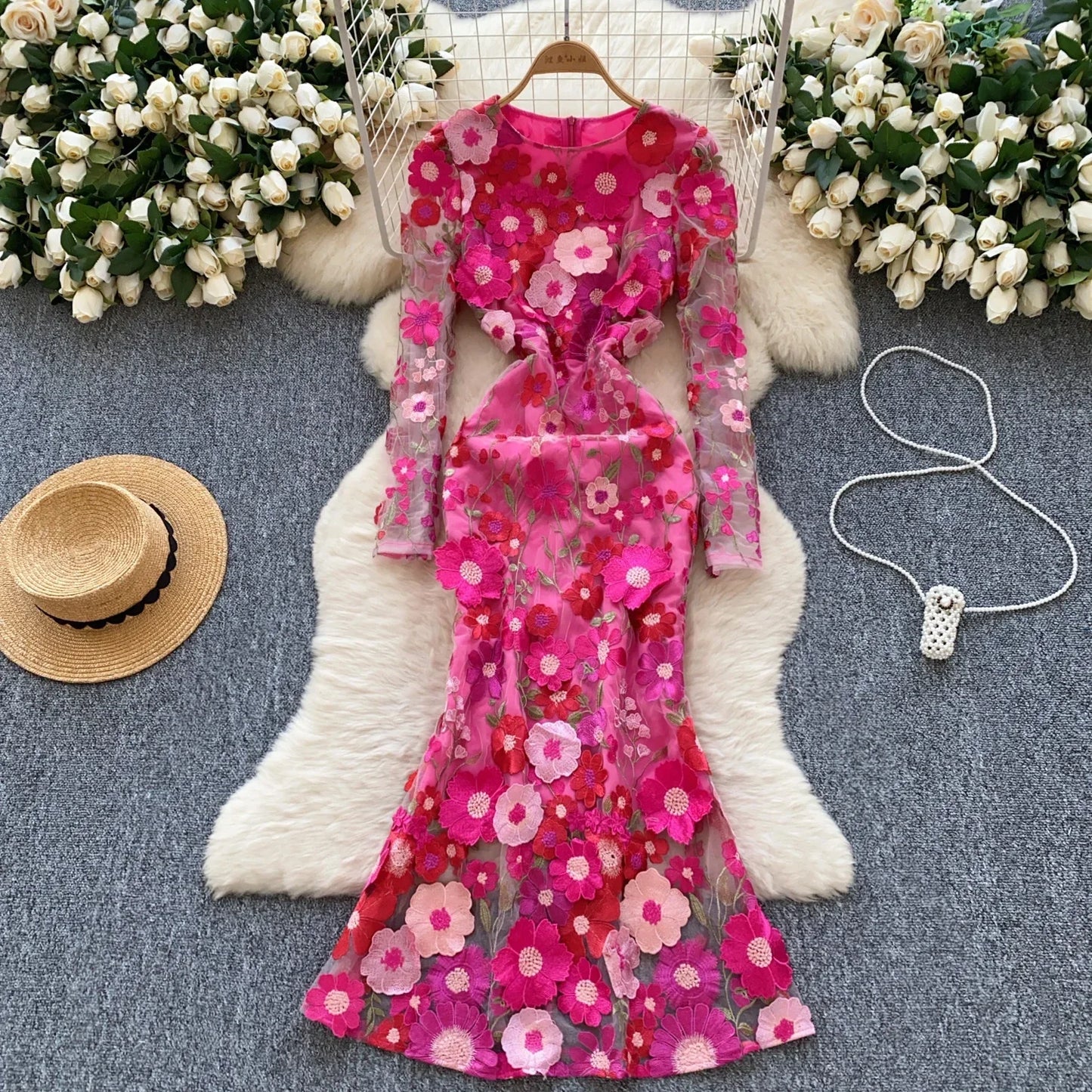 Elegant Three-dimensional Floral Embroidered Chic Long Sleeves Slim Mermaid Dresses Evening French High Street Women Clothing