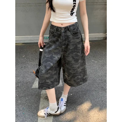 Botvotee Camo Calf Length Jeans for Women High Waisted Wide Leg Baggy Denim Camouflage Jeans with Pockets Summer Fashion Pants