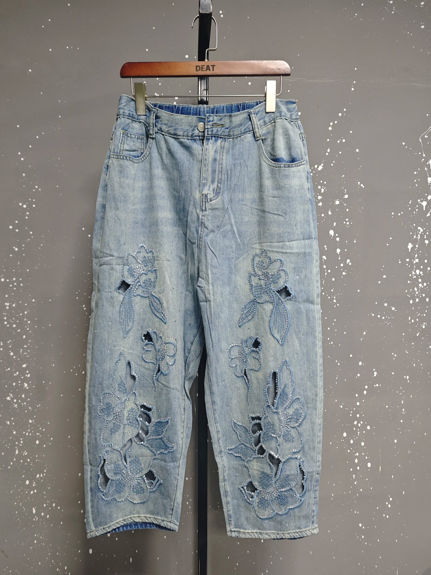 DEAT Women's Jeans Elastic Waist Hot Diamonds Flowers Hollow Out Denim Ankle-Length Harem Pants 2025 New Fashion Summer 29A1739