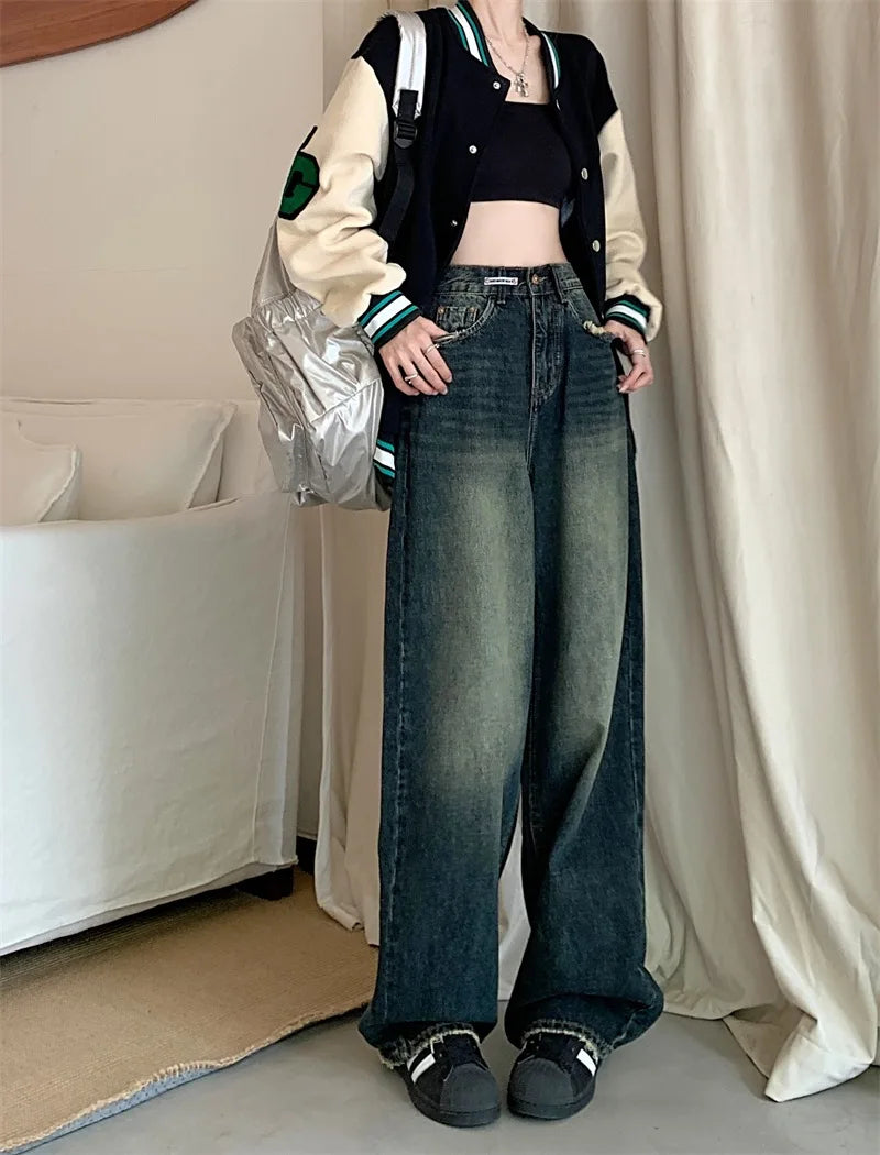 Women's Harajuku Style Loose Wide Leg Jeans Autumn Winter Street Fashion Retro Straight Loose Denim Trousers 