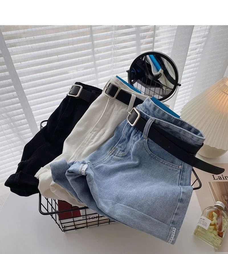 2022 New Spring Summer High-Waisted Slimming A- Line Denim Shorts Women's Loose-Fit Casual Heat Pants Rolled Edge Design