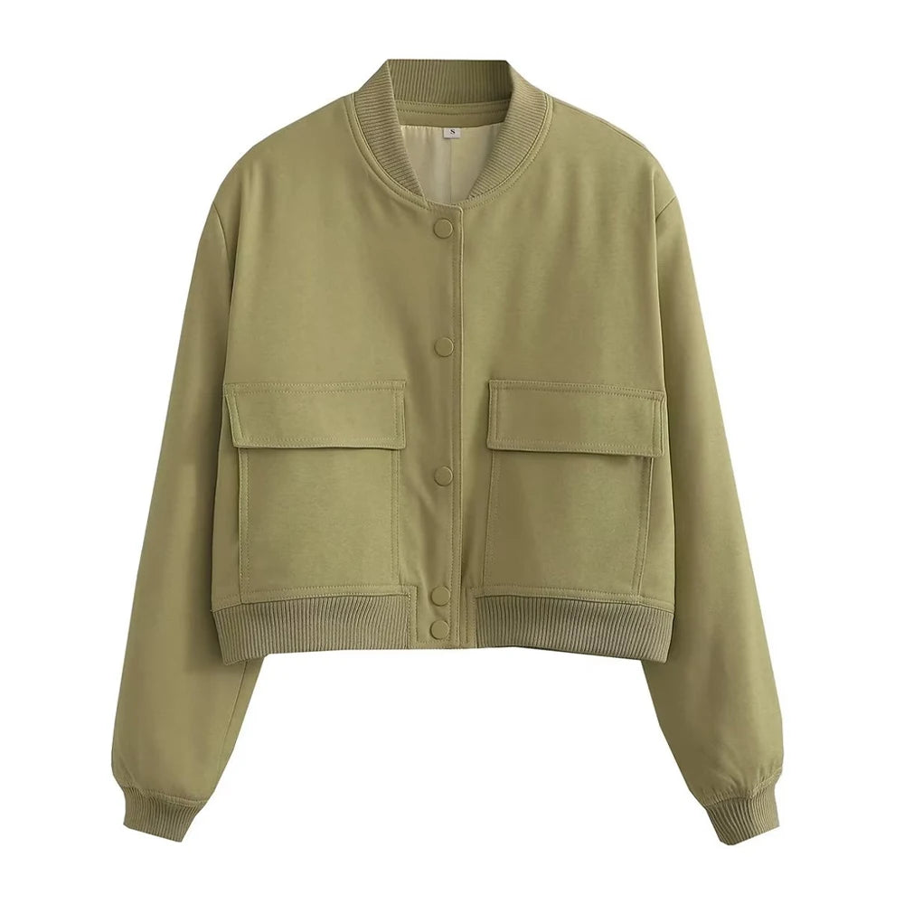 TRZA Women Fashion With Pockets Bomber Jacket Coats Vintage Long Sleeve Front Button Casual Female Outerwear Chic Tops