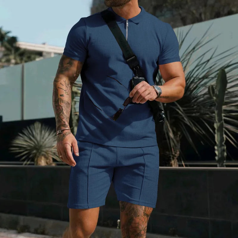 Fashion Casual Men's Short Sleeve Shorts Set Summer Breathable Solid Color Loose Lapel T-shirt Set Men Men Clothing