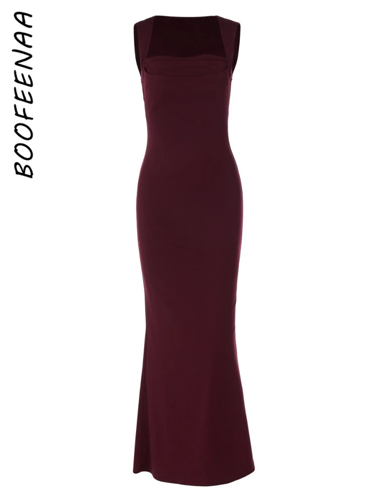 BOOFEENAA Square Neck Sleeveless Fishtail Maxi Dress Party Night Elegant Black Dresses Woman Luxury High Quality C70-CZ32