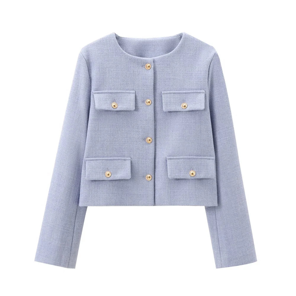 UNIZERA Winter New Product Women's Fashion and Casual Versatile Round Neck Flip Decoration Short Suit Coat