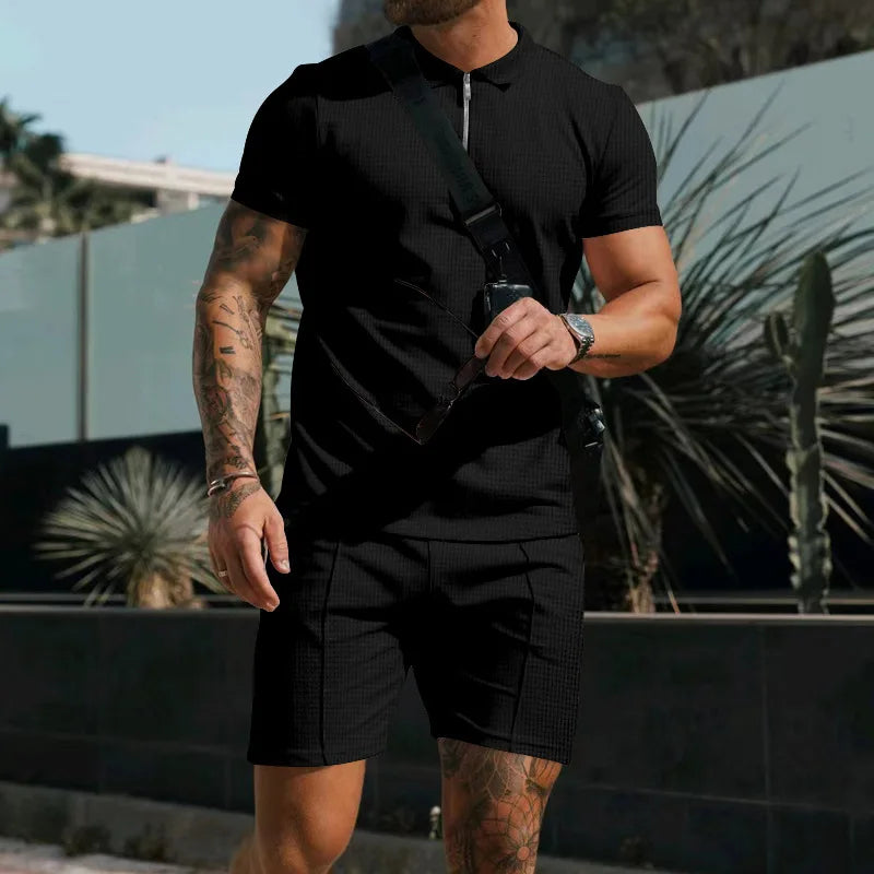 Fashion Casual Men's Short Sleeve Shorts Set Summer Breathable Solid Color Loose Lapel T-shirt Set Men Men Clothing