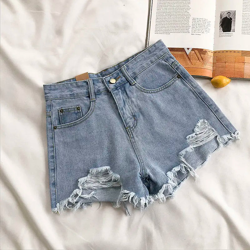 Summer New Style Wide Leg Pants Candy Color Ripped Denim Shorts Female High Waist Green A-line Women Jeans Hot Shorts Pants