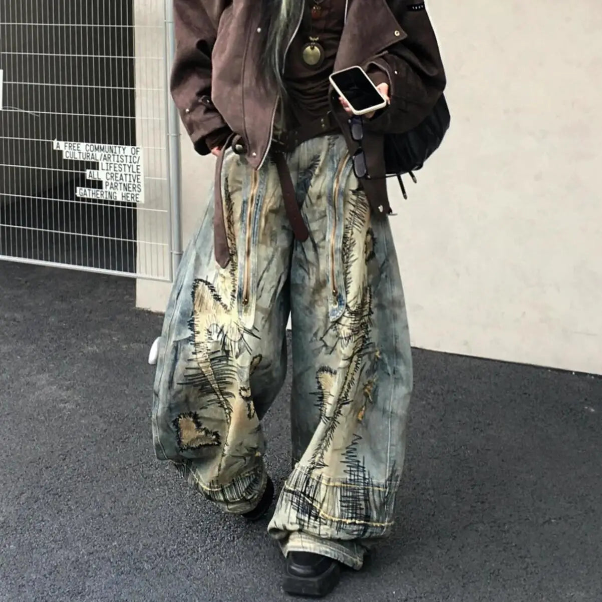 Casual Y2K Washed Retro Denim Trouser American Grunge Full Length Street Jean Women's Emo Pockets Hip-hop Baggy Mop Pants