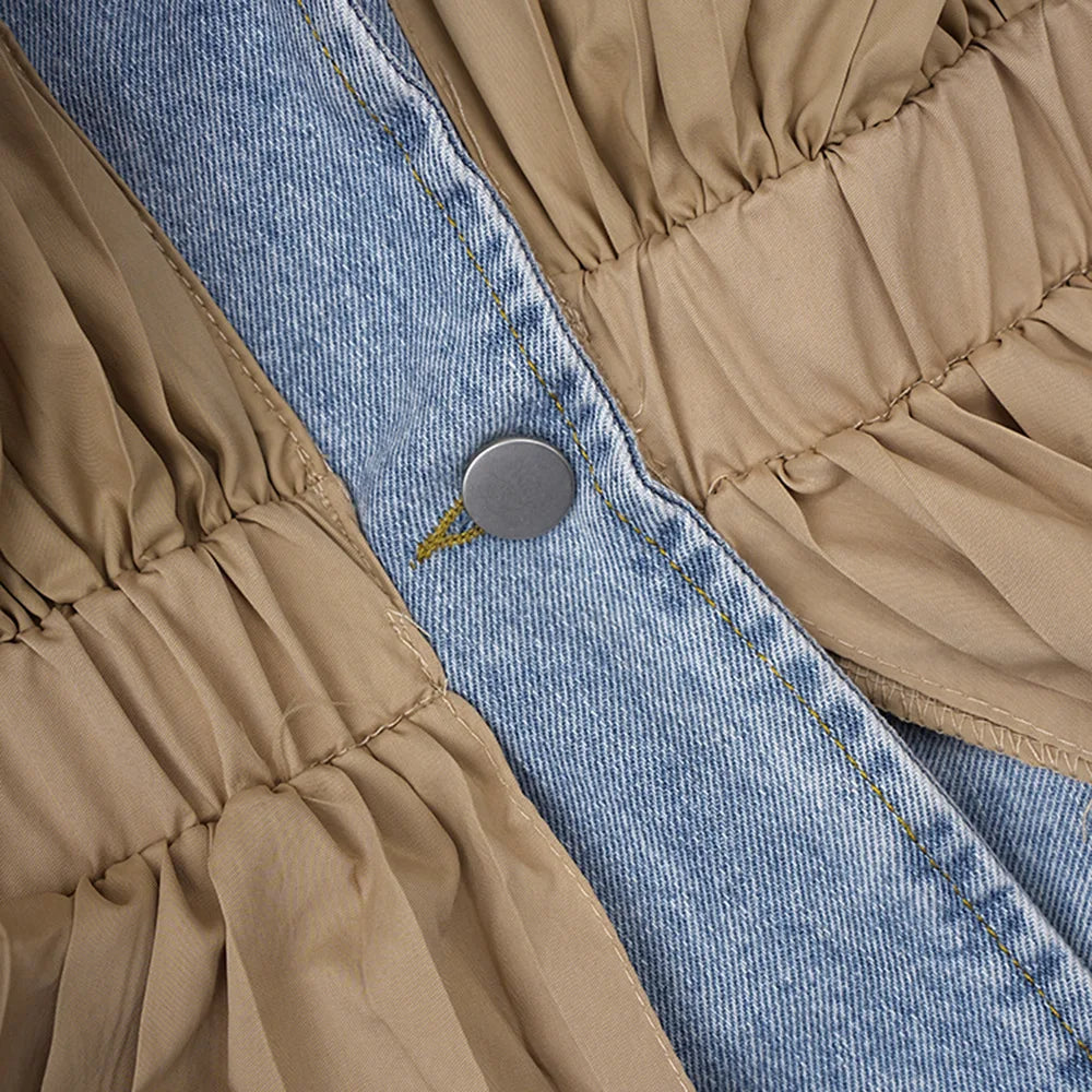 Denim Jacket for Women Ruffles Patchwork Spliced Lace Up Turn Down Collar Full Sleeve Coat Jackets 2025 Streetwear Outerwear