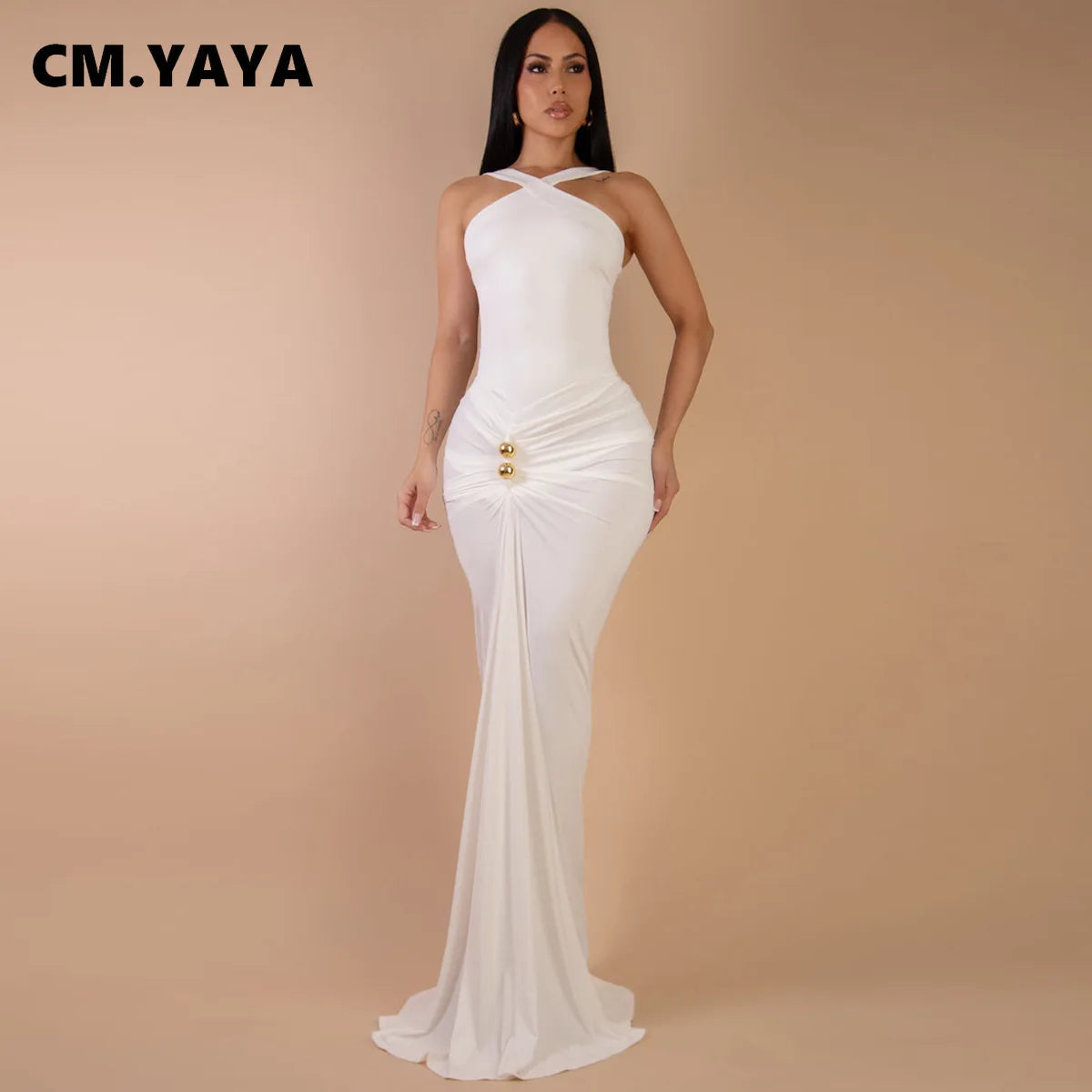 CM.YAYA Women Sleeveless Cross V-neck Ruched Stacked Midi Maxi Long Bodycon Dress 2025 Holiday Birthday Party Evening Dresses