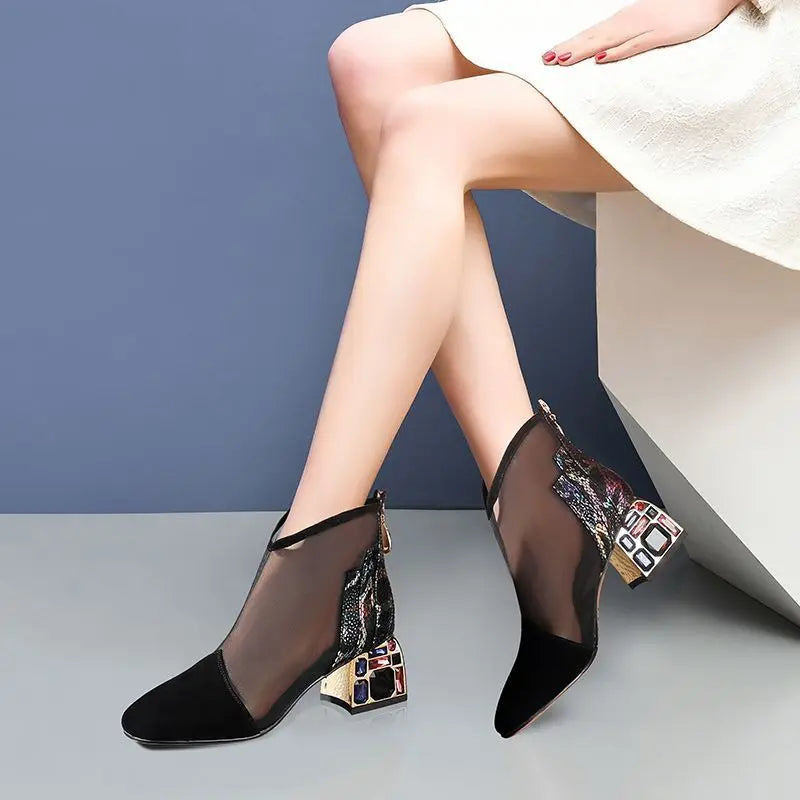 2025 New Mesh Sandals Summer Women's Ankle Boot Mid Heel Rhinestone Ponited Toe Shoes Women's heels Luxury Sexy Women sandalias
