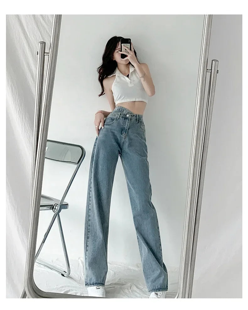 Design Sensibility High-Waisted Slimming Jeans Loose-Fit Straight-Leg Women's Korean Style Tie-Detail Wide-Leg Casual Trousers