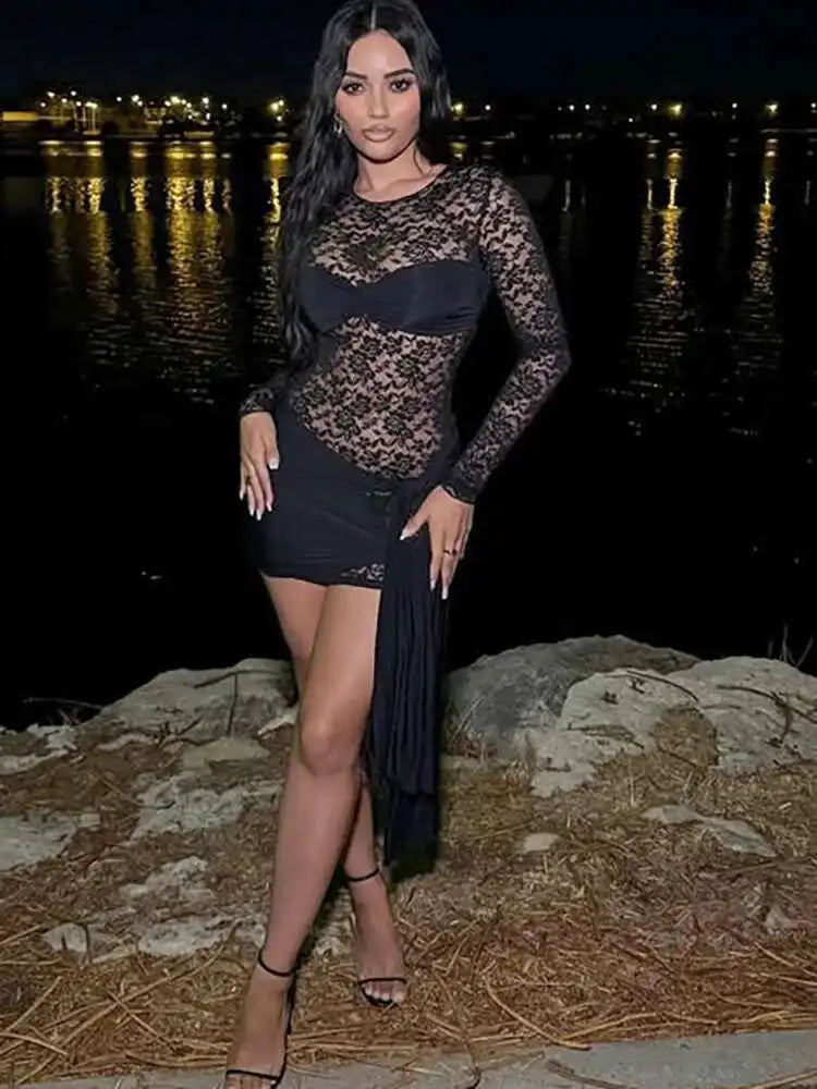 Fantoye Sexy See Through Lace Bandage Women Dress Black Long Sleeve Round Neck Dress Summer Skinny Elegant Party Club Dress 2025