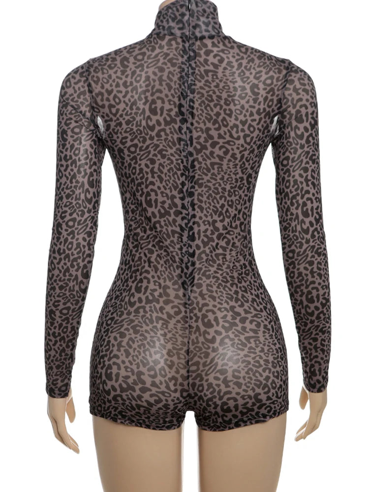 Weird Puss Leopard Print Romper Women See Through Sexy Full Sleeve Turtleneck Fall Fit Skinny Playsuit Stretch Midnight Clubwear