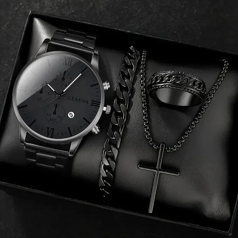 4pcs Luxury Men Business Quartz Watch Gold Alloy Roman with Calendar Wrist Watch Cross Necklace Bracelet Ring Set Men's Gift
