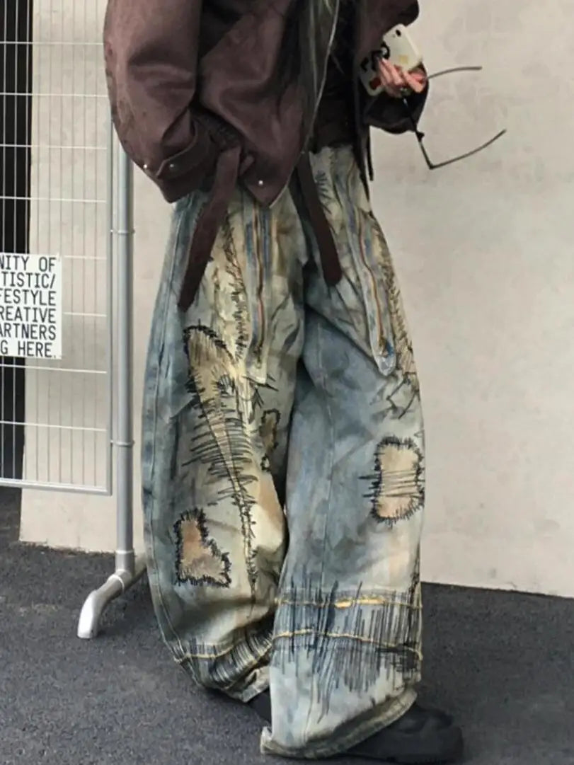 Casual Y2K Washed Retro Denim Trouser American Grunge Full Length Street Jean Women's Emo Pockets Hip-hop Baggy Mop Pants