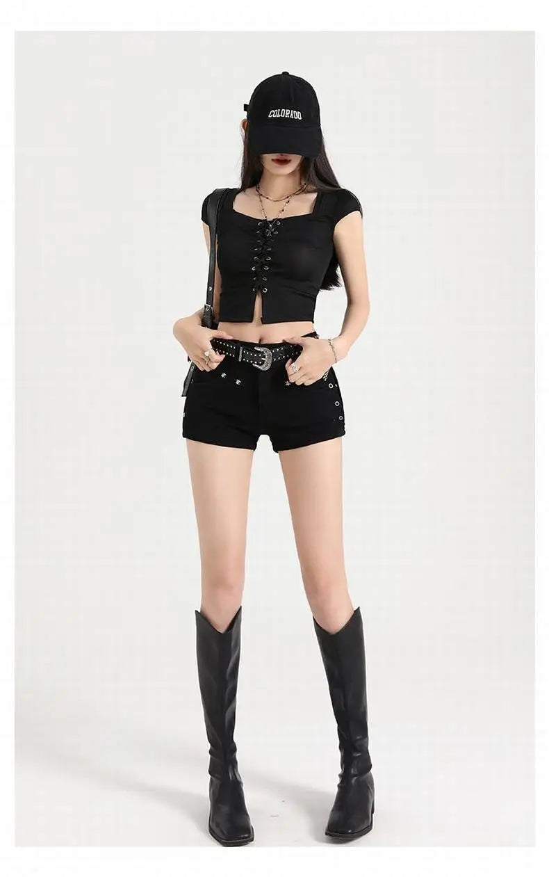 Summer Y2k Sexy Low Waist Mini Denim Shorts Women Vintage Korean Popular Girls Slight Strech Streetwear Gothic Rivet Black Jeans