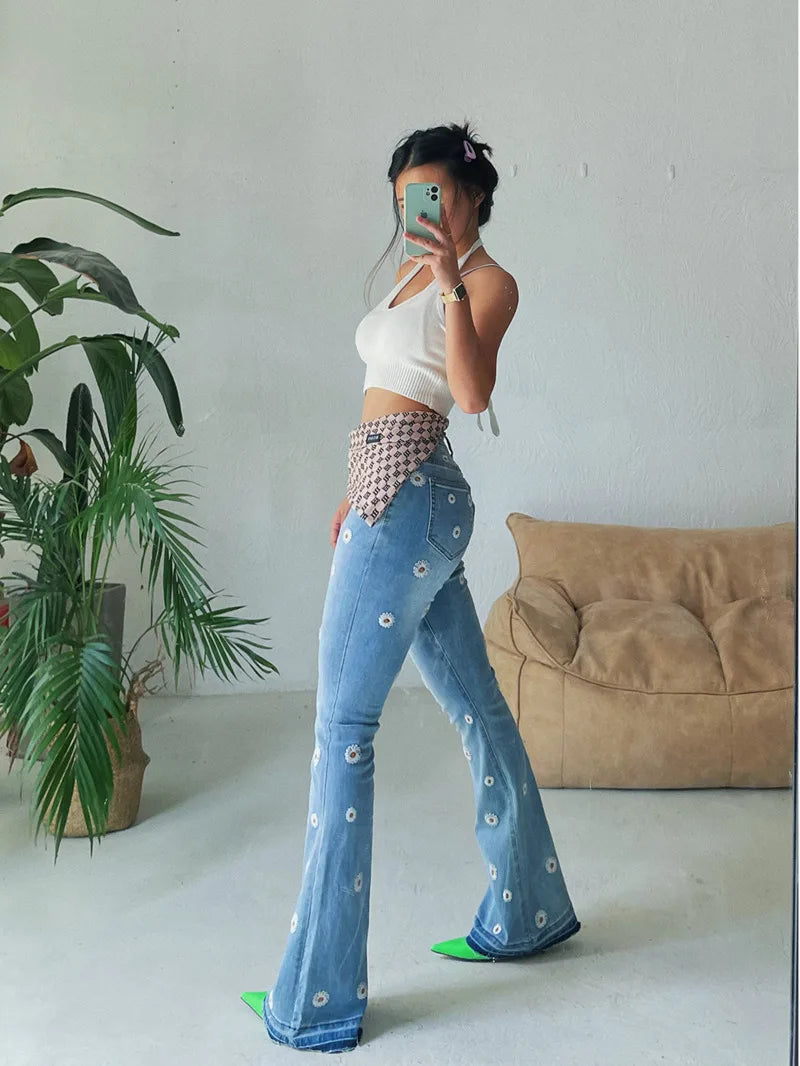 Women's Denim Bell Bottoms High Waist Tight Elastic Long Legs Daisy Embroidered Printed Spicy Girl Slim Straight Jeans UDUE