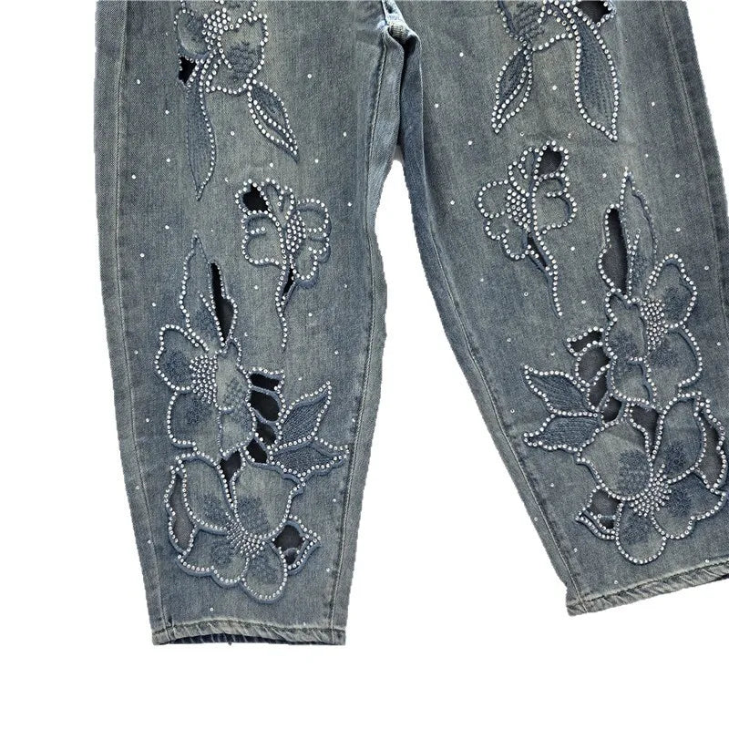 DEAT Women's Jeans Elastic Waist Hot Diamonds Flowers Hollow Out Denim Ankle-Length Harem Pants 2025 New Fashion Summer 29A1739
