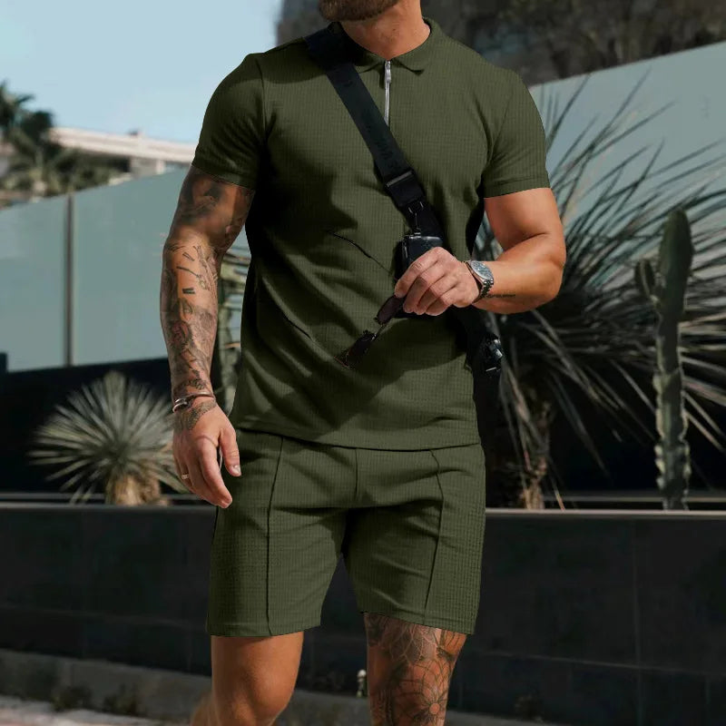 Fashion Casual Men's Short Sleeve Shorts Set Summer Breathable Solid Color Loose Lapel T-shirt Set Men Men Clothing