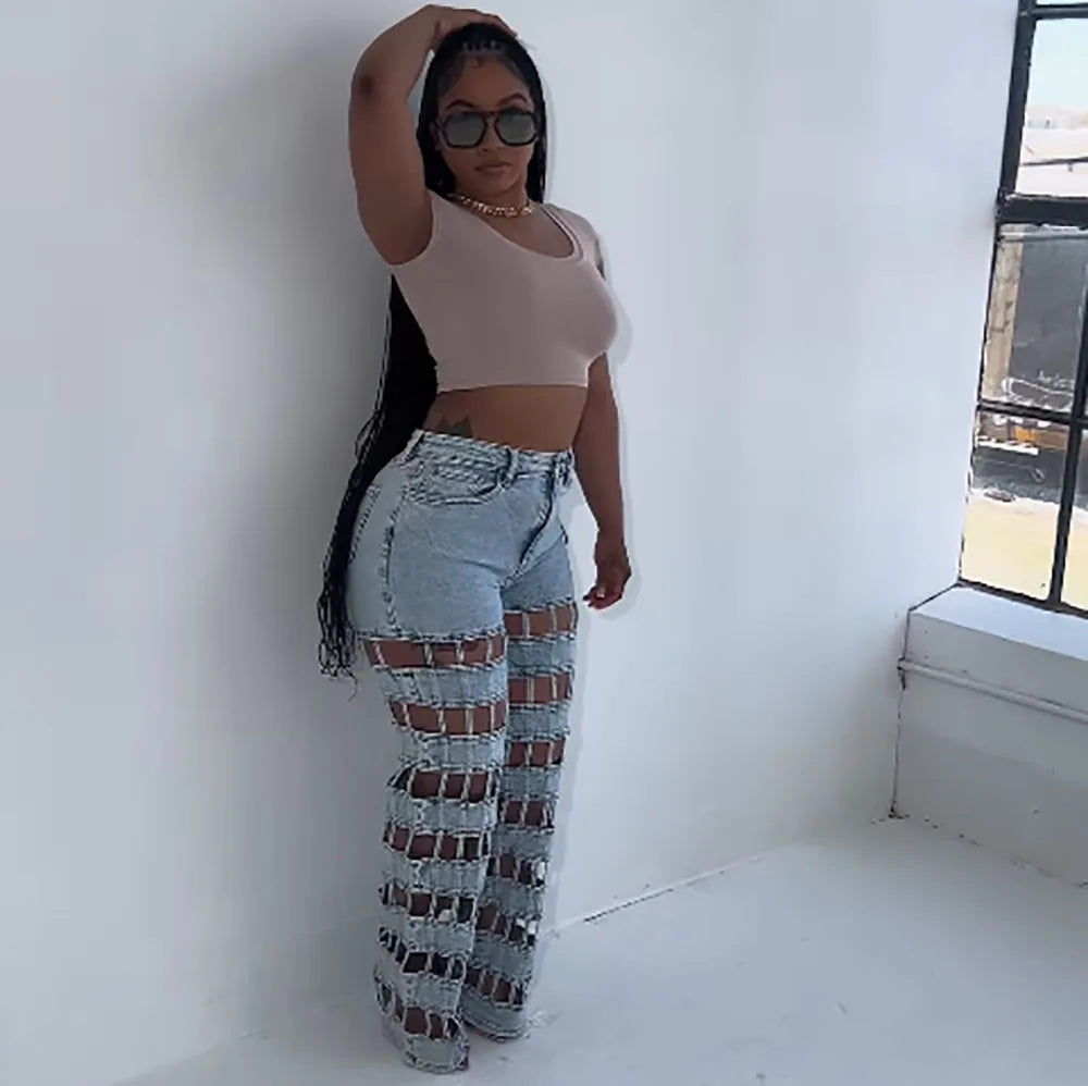 Denim Pant Women Jeans Long Pants Hollow Out High Waist Straight Mom Trousers Y2k Streetwear Elegant Splice Hole Casual Work