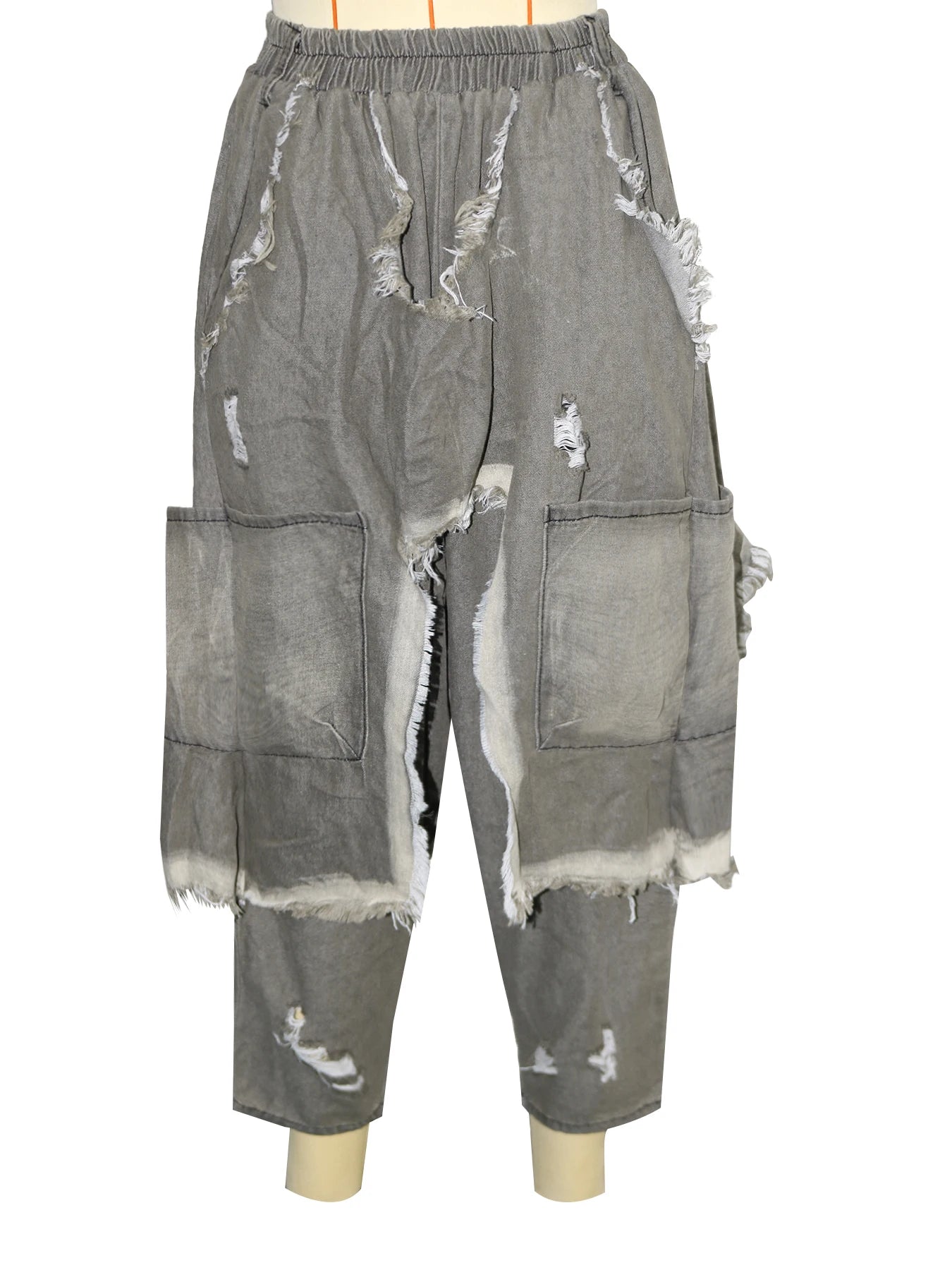 Jeans Women Harem Pants Hole Elastic Waist Tassels Washed Denim Pants Punk Y2k Streetwear 2025 Ripped Ankle Length Trousers