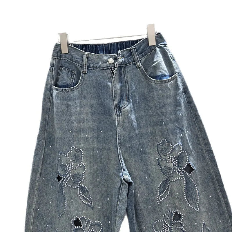 DEAT Women's Jeans Elastic Waist Hot Diamonds Flowers Hollow Out Denim Ankle-Length Harem Pants 2025 New Fashion Summer 29A1739